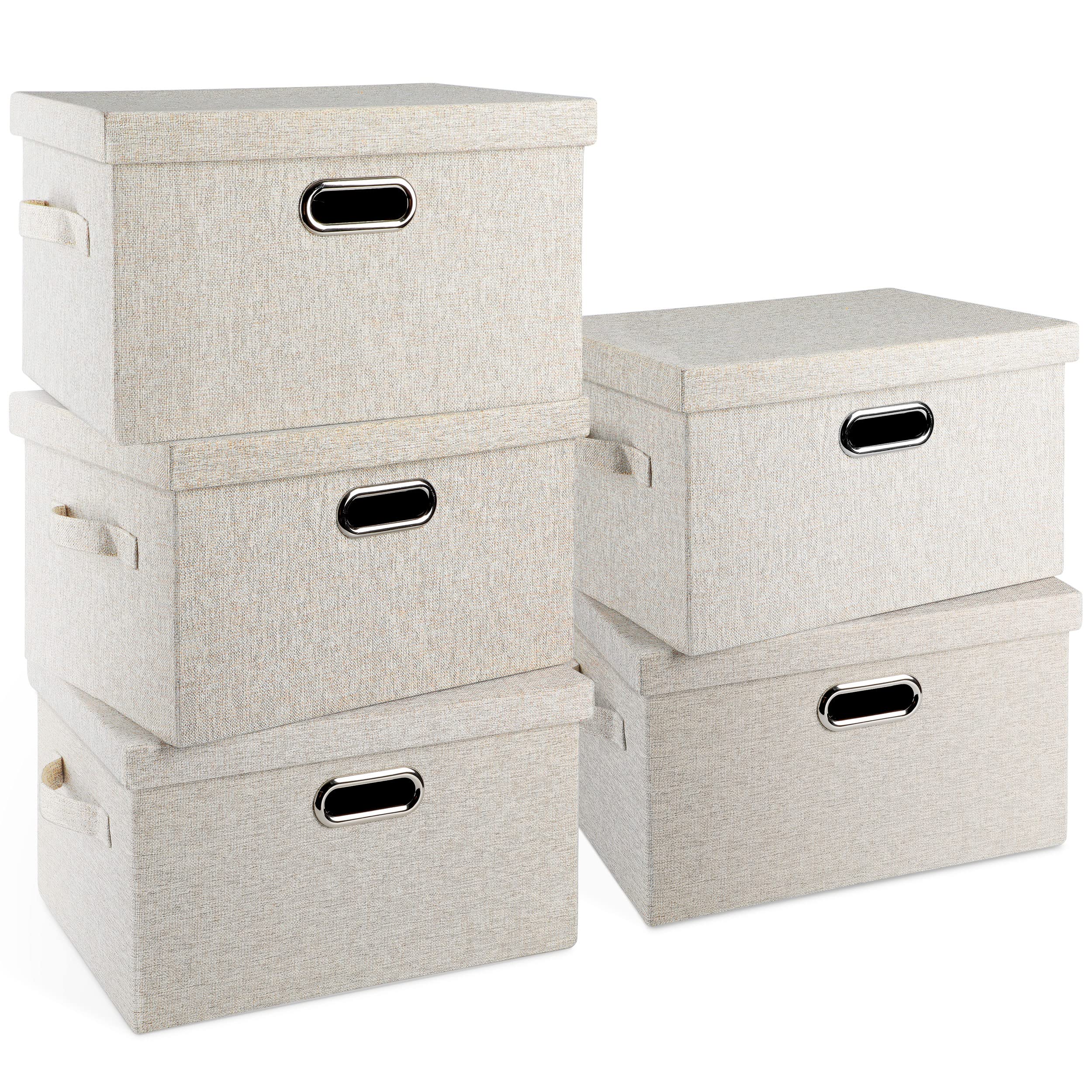 Graciadeco Large Quart Collapsible Stackable Storage Bins with Lids, 3 Packs Beige Linen Fabric Closet Boxes with Lids, Storage Cube Baskets Container Organizers for Bedroom Office(16.6 x 11.7 x 10.8)