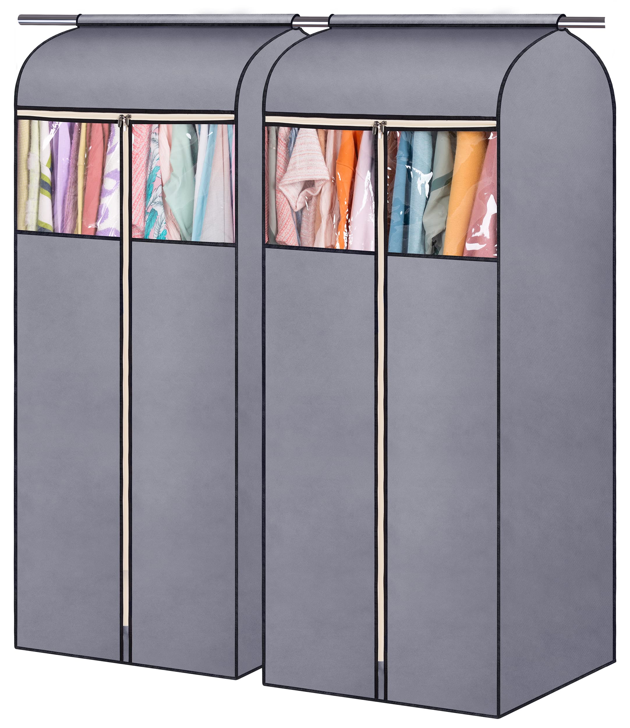 SLEEPING LAMB 54'' Hanging Garment Bags for Closet Storage Sealed Completely Jackets Coats Suits Clothes Rack Cover for Wardrobe with Clear PVC Window, 2 Packs, Grey(Hanging Rod Not Included)